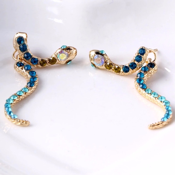 Rhinestone Snake Ear Jacket Gold Serpent Earrings - Picture 3 of 9